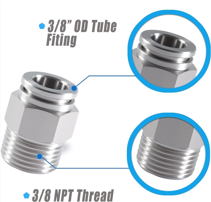 MSAEIQUN Stainless Steel 3/8 Air hose fittings, Push to Connect Air fittings Male Straight 3/8 Inch Tube OD x 3/8 NPT Thread Fitting (Pack of 2) - Image 2
